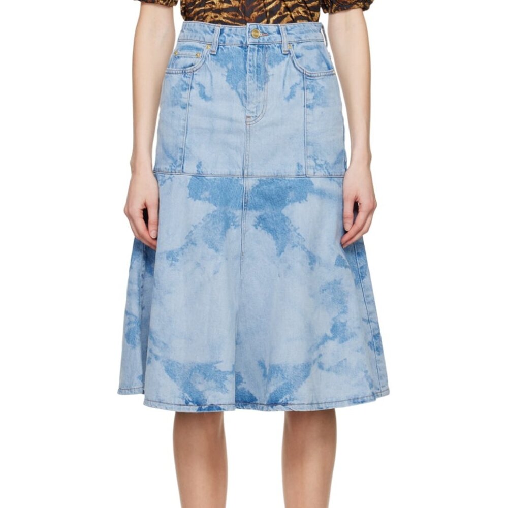GANNI Organic 100% Cotton Bleach Denim Flounce Midi Skirt, size 2